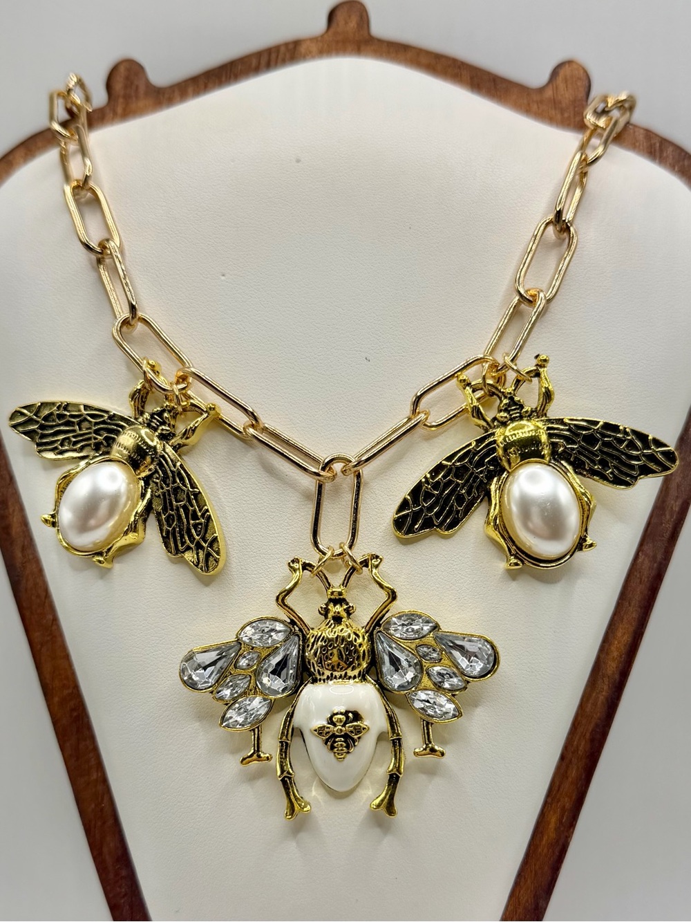 Gold Bee Statement Necklace Pearl Rhinestone Charm Jewelry